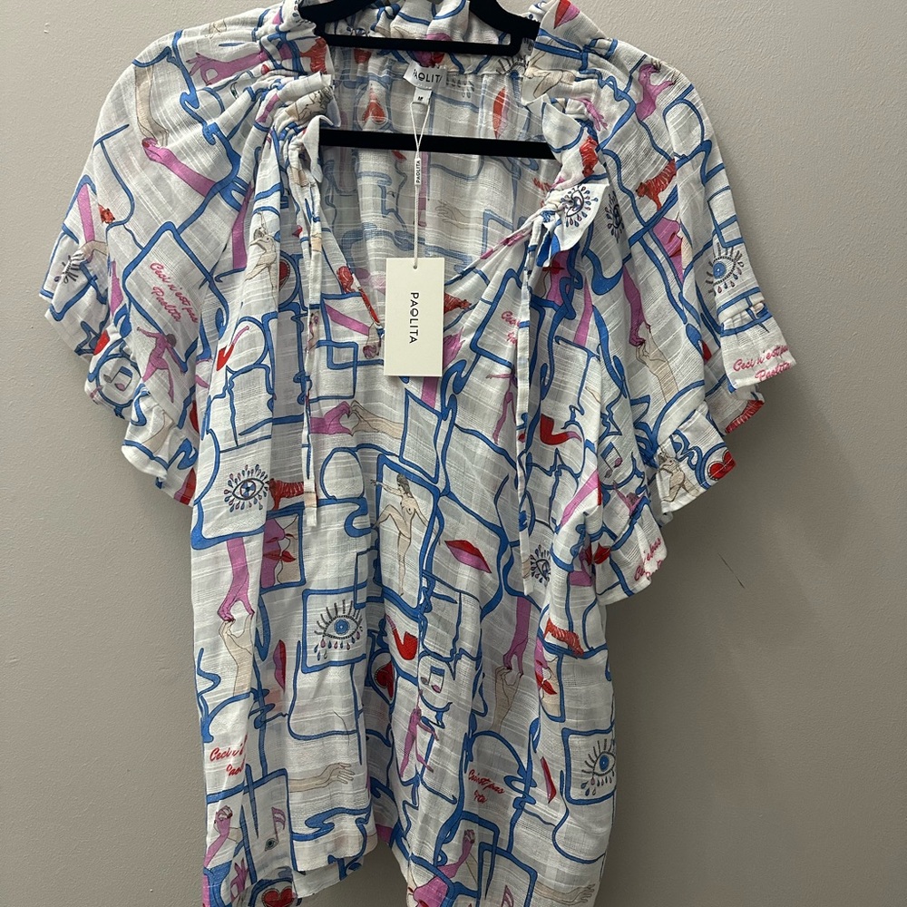 Paolita White Tunic with Blue, Pink & Red Graphic Print